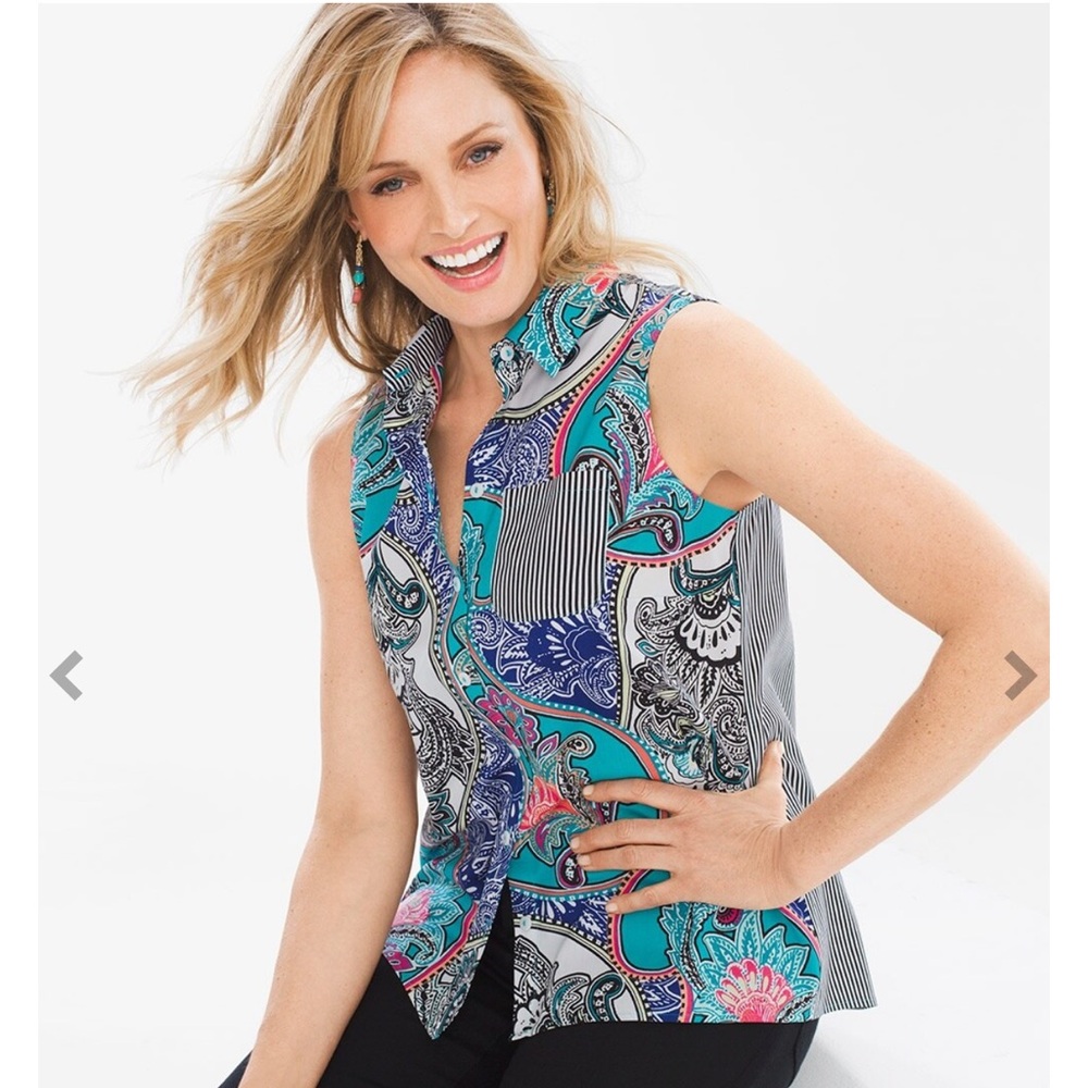 Chico’s Sleeveless Button Up  Patterned Multicolor  Blouse. Size 1/Medium 8